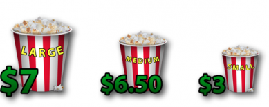 Three sizes of popcorn priced at $7, $6.50 and $3