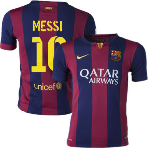 Front and back image of Lionel Messi's jersey showing his name and commercial sponsor name