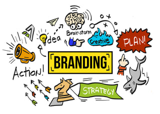 Bright, cartoon drawing of branding elements