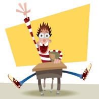 Cartoon kid at school desk eagerly raising his hand