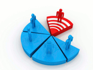 4 blue icon men standing on separate pie wedges and 1 red icon man standing on his own