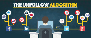 Graphic image man at computer with social media icons under heading the unfollow algorithm