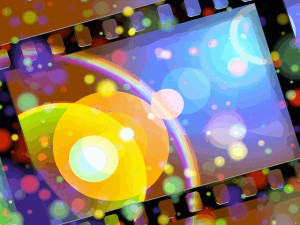 Image of film strip surrounded colorful light bubbles