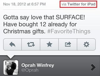 Screenshot of Oprah tweeting compliments about Microsoft Surface from iPad
