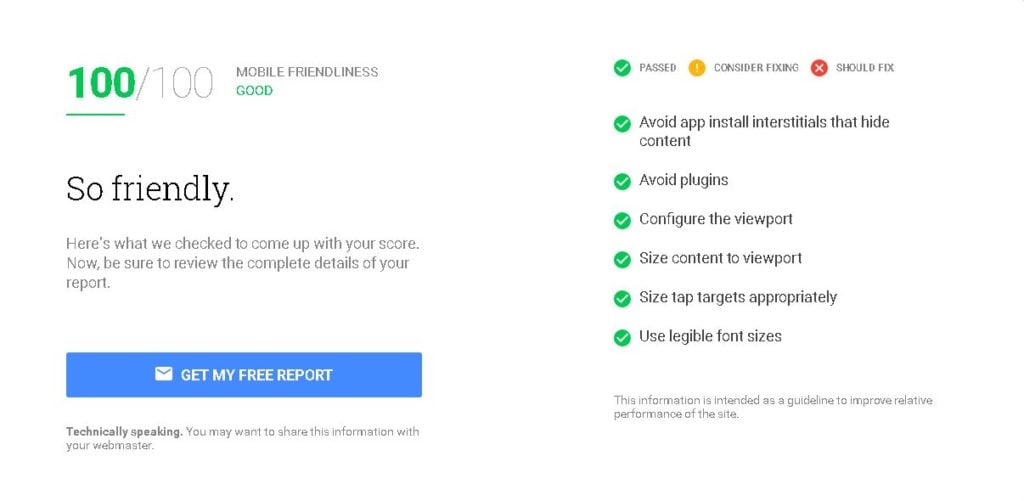 Screenshot of report from Google's Mobile Friendliness assessment tool