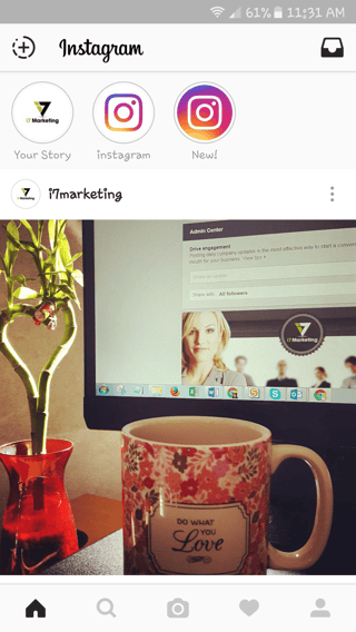 Instagram screenshot of coffee mug in front of laptop