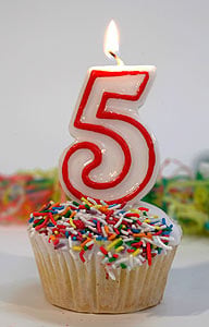 Cupcake with candle in shape of number 5