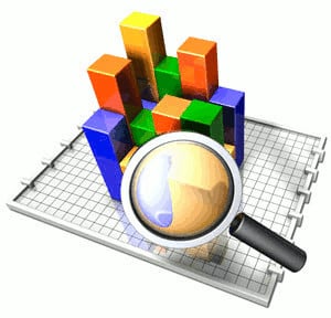 Graphic image of magnifying glass focusing on 3-dimensional bar chart
