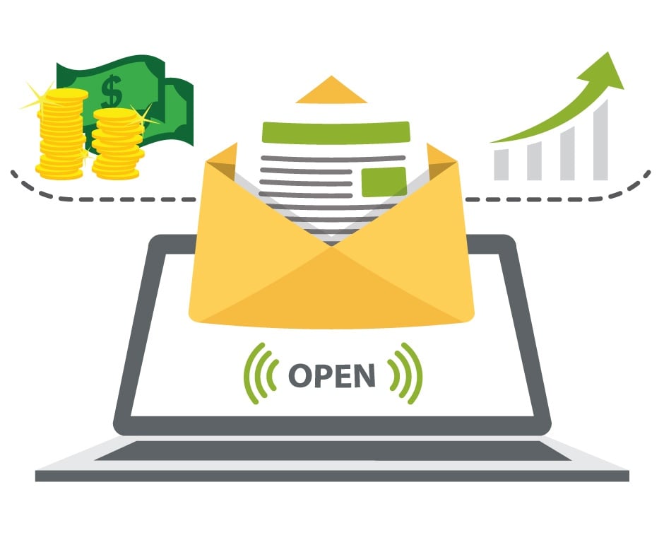 Email marketing ROI illustration with open envelope on laptop, money stacks, and growth chart showing increased revenue and engagement