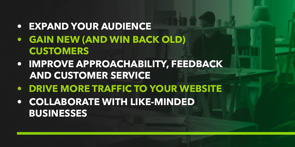 Social media marketing benefits: expand your audience, gain customers, drive website traffic, and collaborate with other businesses