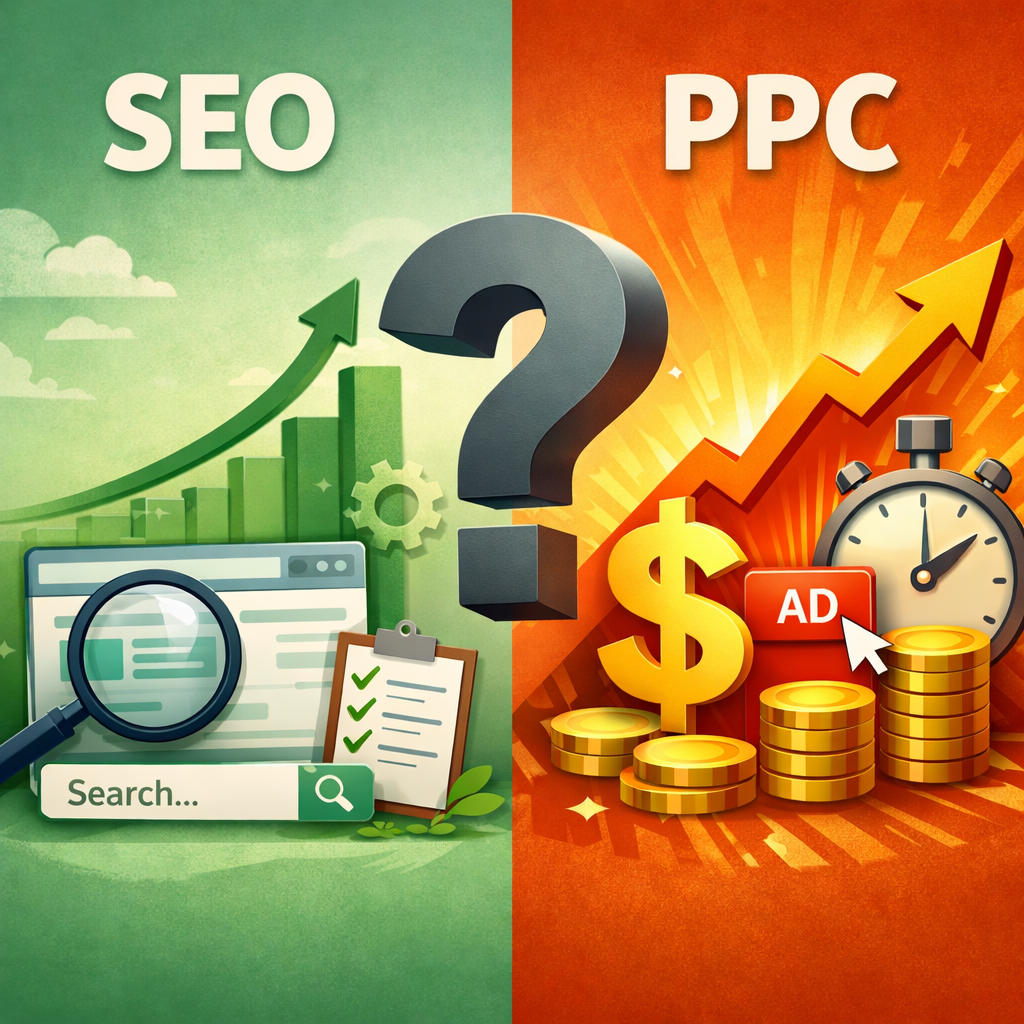 SEO vs PPC comparison graphic with green organic search growth chart versus orange paid advertising icons with coins and stopwatch