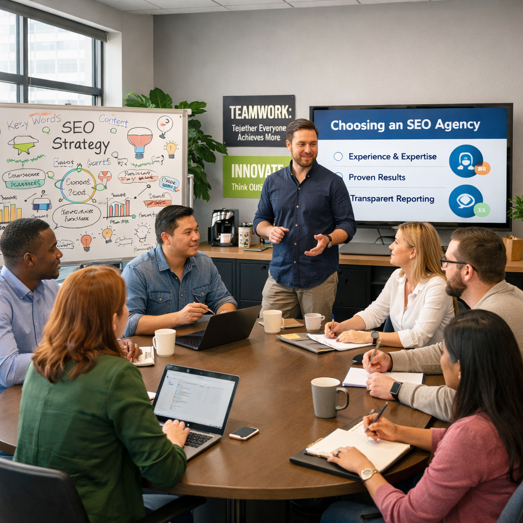 Team meeting in a conference room discussing SEO strategy with a whiteboard and presentation about choosing an SEO agency