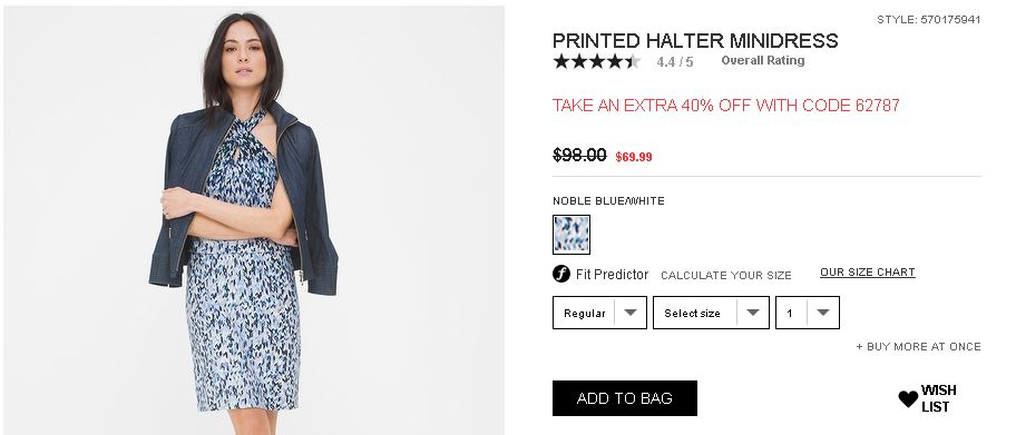 Online shopping image of halter dress with 40% off code