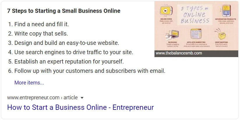 Featured snippet for how to start an online business