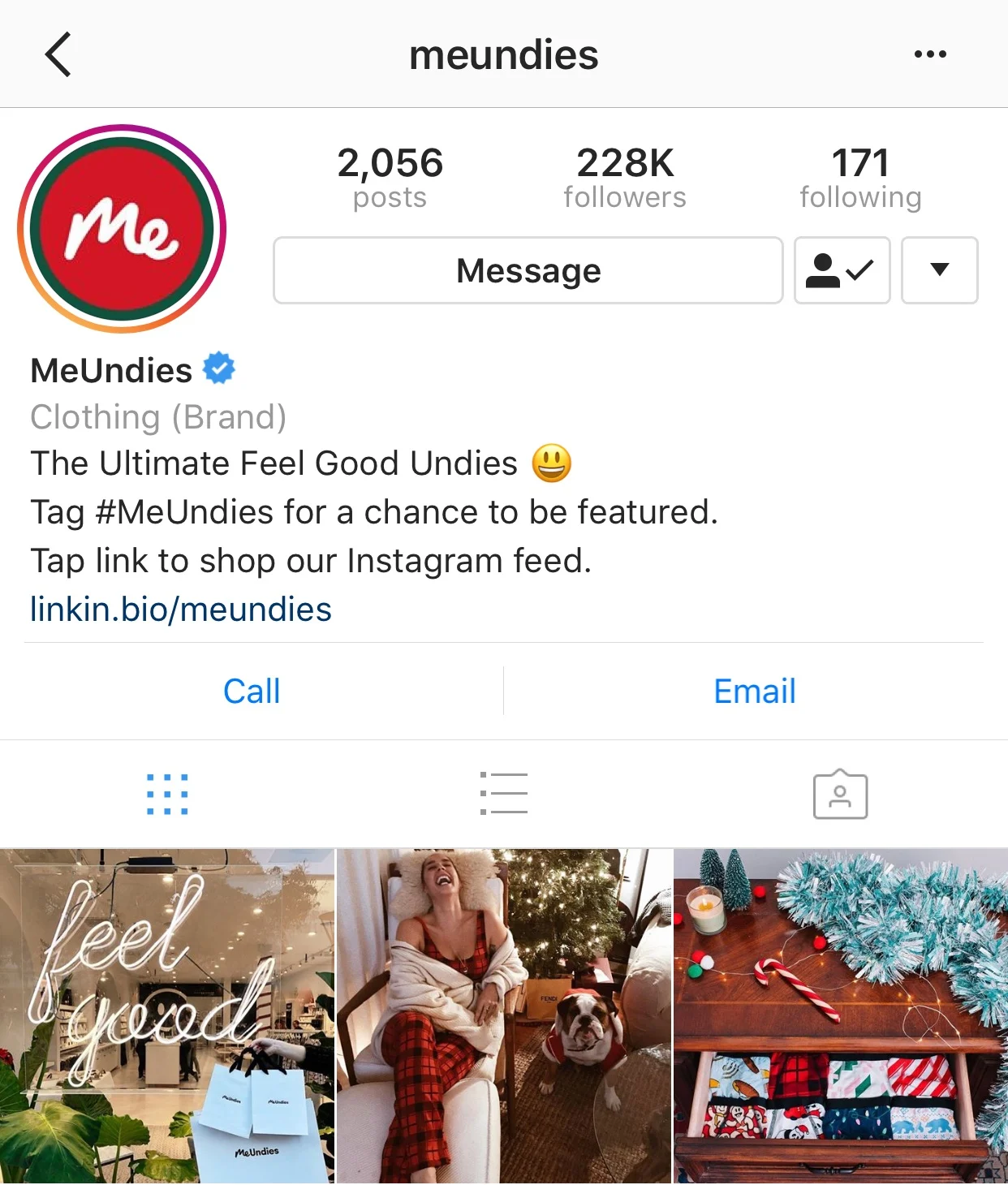 MeUndies Instagram bio with multiple calls to action