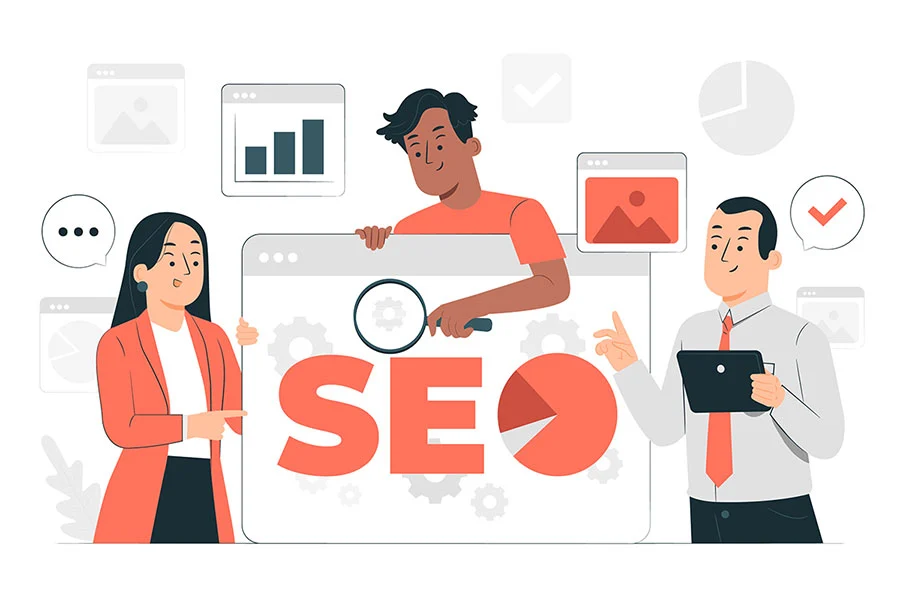 Illustration of a team around large SEO letters with a magnifying glass, charts, and gears