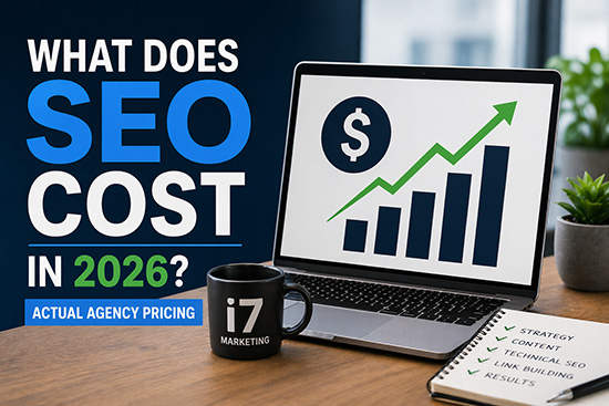 "What Does SEO Cost in 2026" i7 Marketing agency pricing guide with laptop showing upward growth chart and strategy checklist