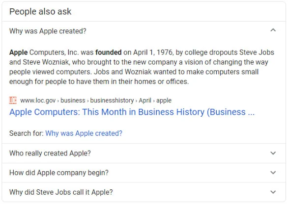 Google People Also Ask box for why was Apple created