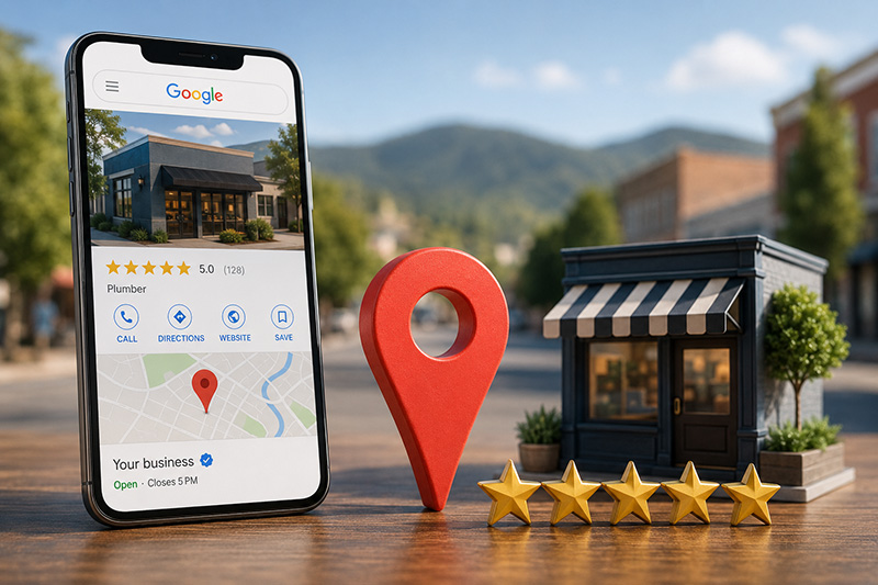 Google Business Profile on a phone showing a 5 star plumber listing with a map pin and storefront