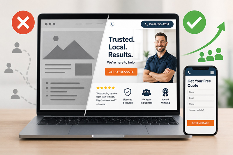 Before and after website redesign for a local service business with trust signals and mobile form