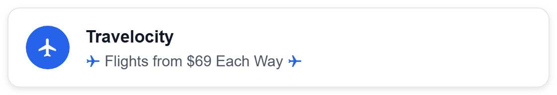 Travelocity email inbox preview with the subject line 'Flights from $69 Each Way' using airplane symbols