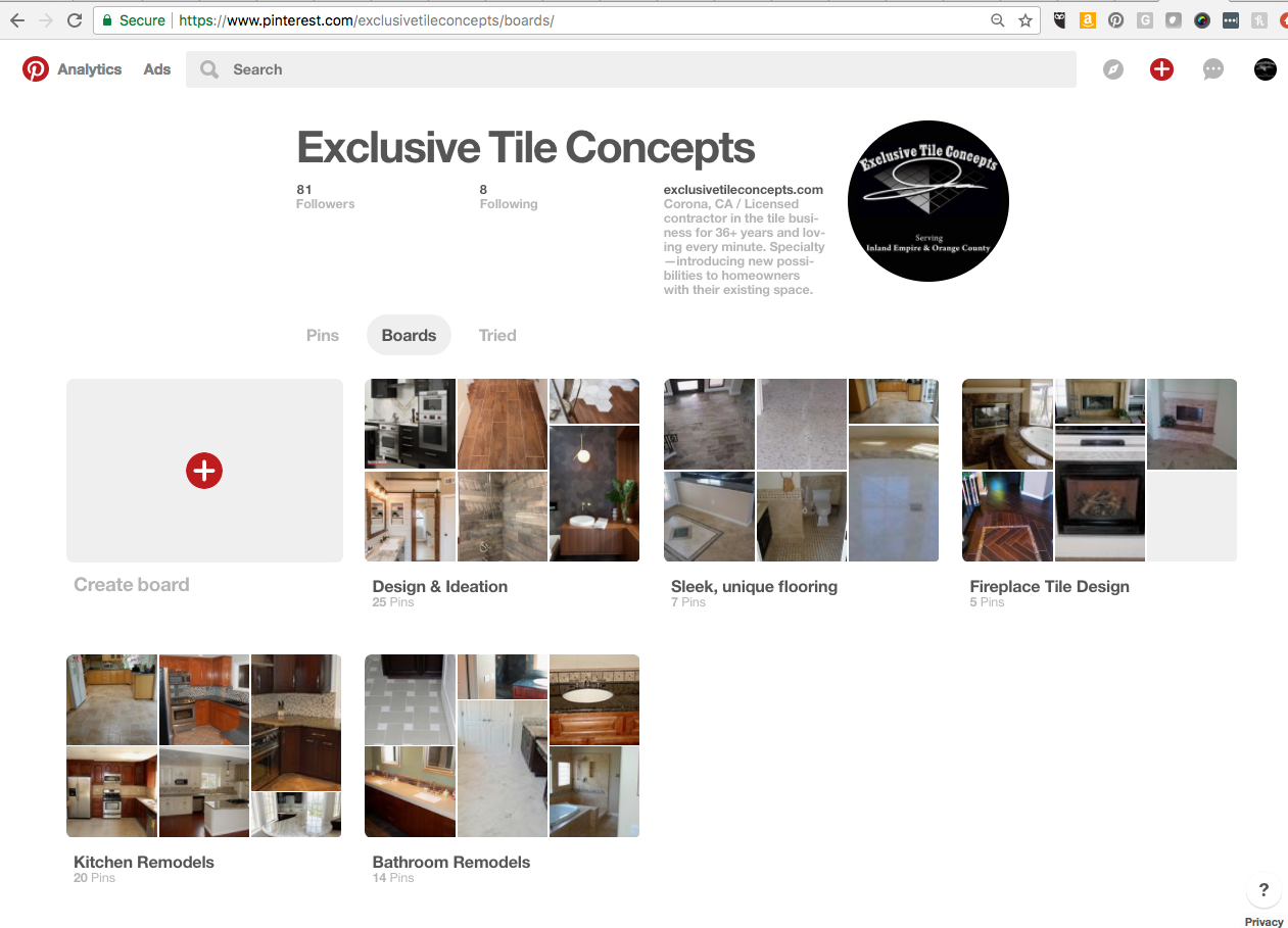 Screenshot of a Pinterest business account with keyword-titled boards
